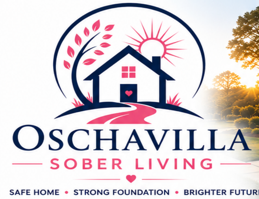 Oschavilla Sober Living logo with a house, tree, sun, and pink path
